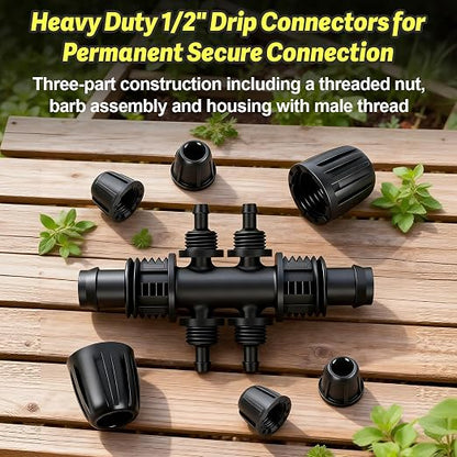 12 Pcs 1/2 Inch to 1/4 Inch Irrigation Tubing Fittings, 1/2"(1/2" ID x 0.65" OD) to 1/4" Drip Barbed Tee Adapter 16mm Anti-Drop Locked Nut T Reducer to 1/4" Distribution Line Connector