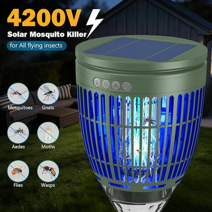 All in 1 Solar Bug Zapper Outdoor, Flame & Projection Mode, Auto/Manual Modes, 4200V Electric Mosquito Killer with High Powered, IPX5 Waterproof Rechargeable Fly Insect Trap for Patio Garden Yard RV