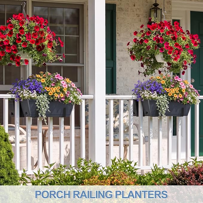 Deck Railing Planter Boxes Set of 2, Adjustable Window Planter Box with Removable Hanging Plant Holder, 17 Inch Rectangular Herb Garden Planters for Porch Fence Balcony Apartment Patio Decor, Grey