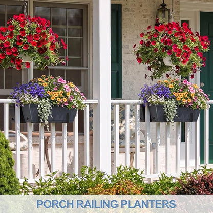 Deck Railing Planter Boxes Set of 2, Adjustable Window Planter Box with Removable Hanging Plant Holder, 17 Inch Rectangular Herb Garden Planters for Porch Fence Balcony Apartment Patio Decor, Grey
