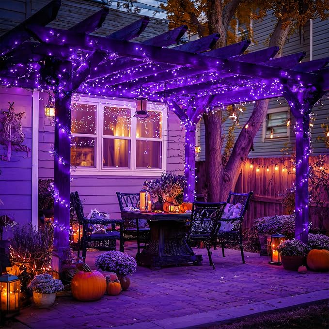 JMEXSUSS 2 Pack Solar Halloween Lights, Total 151FT 400 LED, Purple | Outdoor Waterproof, 8 Modes Solar String Lights for Outside Patio Christmas Tree Garden Yard Halloween Decorations