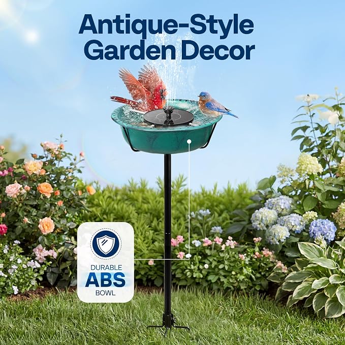 VIVOHOME Bird Bath with Solar Fountain for Outside, Weather-Resistant ABS Birdbath Bowl with Solar Powered Pump, Metal Ground Stake for Outdoor, Garden, 1.45 Gallons, Green