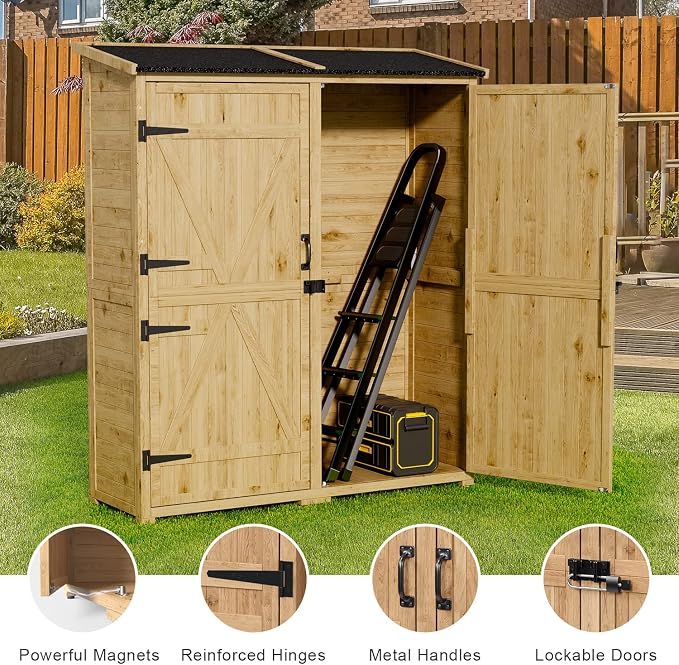 Gizoon Outdoor Storage Cabinet with Waterproof Roof, Double Lockable Doors Garden Shed with 2 Removable Shelves, Wooden Storage Shed with Large Storage Space for Patio, Garden, Backyard, Lawn