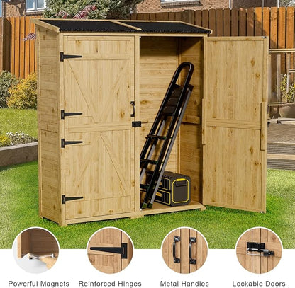 Gizoon Outdoor Storage Cabinet with Waterproof Roof, Double Lockable Doors Garden Shed with 2 Removable Shelves, Wooden Storage Shed with Large Storage Space for Patio, Garden, Backyard, Lawn