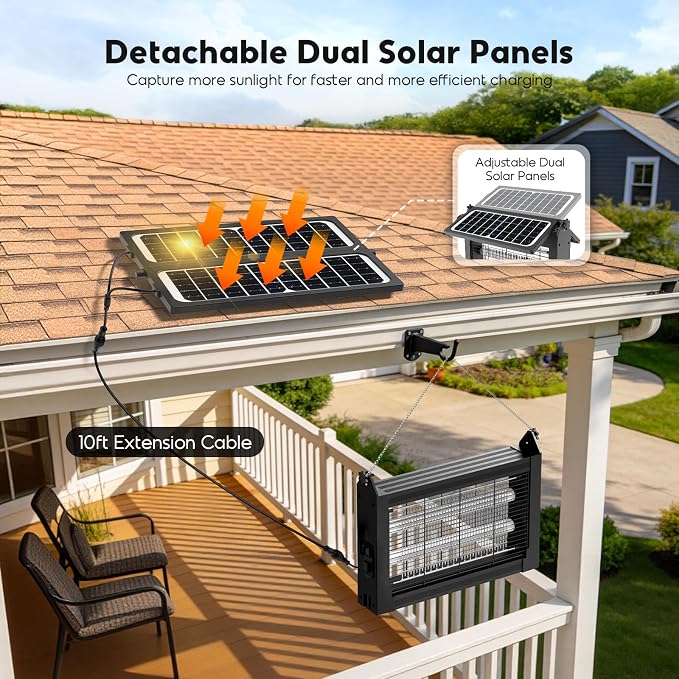 Solar Bug Zapper Outdoor, 4500V Mosquito Zapper with Dual Solar Panels | Auto On/Off, IPX5 Waterproof Mosquito Killer For Backyard, Patio, Garden, Camping And Up To 1/2 Acre Coverage