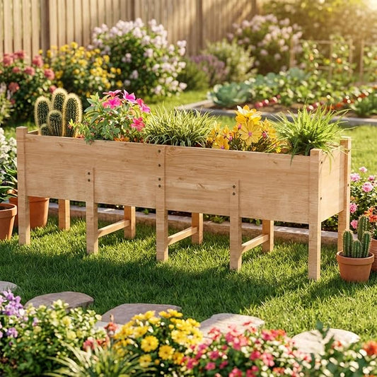 Raised Garden Bed, 86x21.6x31.5 Inch Large Planter Box with 15.8 Inch Depth, Wooden Flower & Vegetable Pot with Legs & Drainage Holes for Deep Roots, Easy Assembly for Patio, Balcony, Backyard