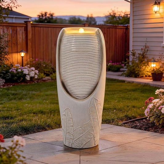 32" H Outdoor Garden Fountain with LED Lights, Modern Ceramic Jar Water Fountain, 3D Tropical Leaf Pattern, Beige Glaze, Soothing Cascading Waterfall for Relaxing Patio, Yard, Porch