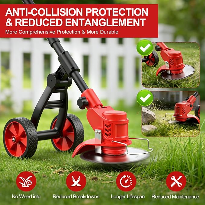 Electric Weed Wacker, 650W Cordless Weed Trimmer with Wheels, 2x2.0Ah 21V Battery Powered Weed Eater, String Trimmer Brush Cutter, Lawn Mower Edger Lawn Tool for Garden Yard