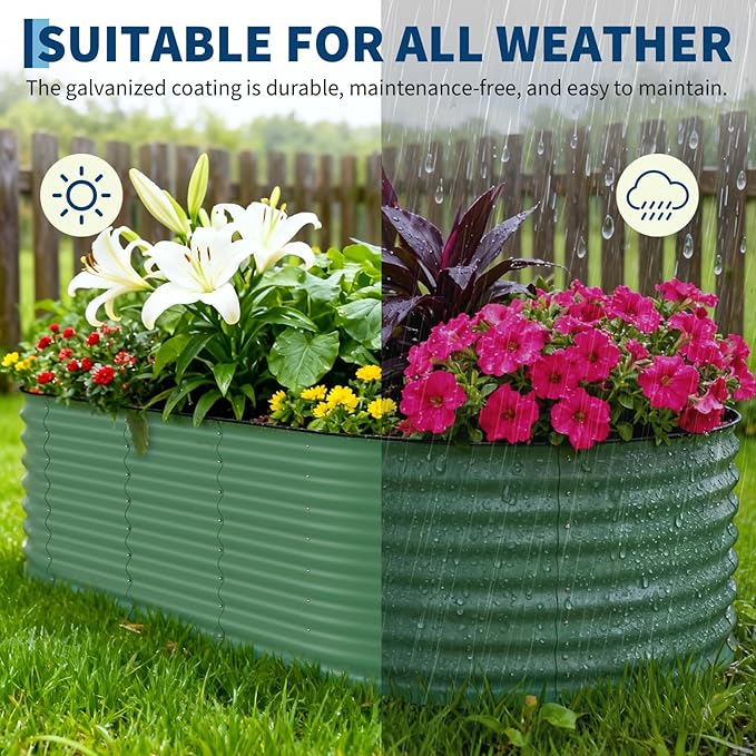Garvee 10x4x1.5ft Galvanized Raised Garden Bed, Oval Metal Planter Box with Anti-Cut Safety Edges, 449 Gallons Rust-Resistant Deep Root Planter for Outdoor Vegetables, Flowers, Herbs, Green