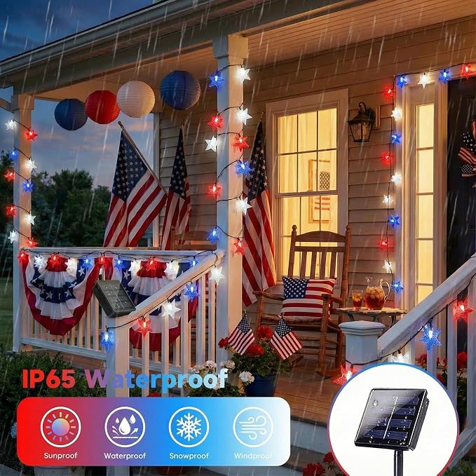 4th of July Twinkle Solar Star String Lights Outdoor 39FT/100L Fairy Lights | Red White and Blue 8 Modes Independence Day President Day Memorial Day