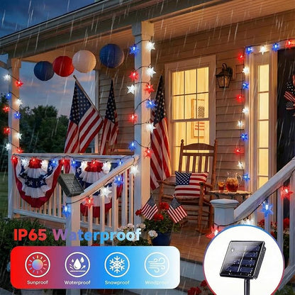 4th of July Twinkle Solar Star String Lights Outdoor 39FT/100L Fairy Lights | Red White and Blue 8 Modes Independence Day President Day Memorial Day