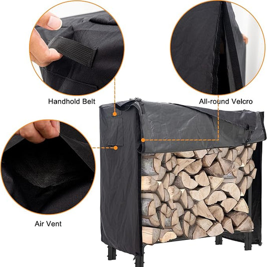 Heavy Duty Waterproof 600D Oxford Fabric Firewood Log Rack Cover, Black, 8-Feet