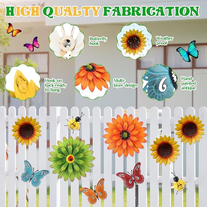 Therwen 10 Pcs Metal Wall Art Decor for Outside 3D Metal Sunflower Bee Butterfly Backyard Decorations Hanging Outdoor Wall Art Multicolored Flowers for Garden Fence Patio Yard Outdoor Porch