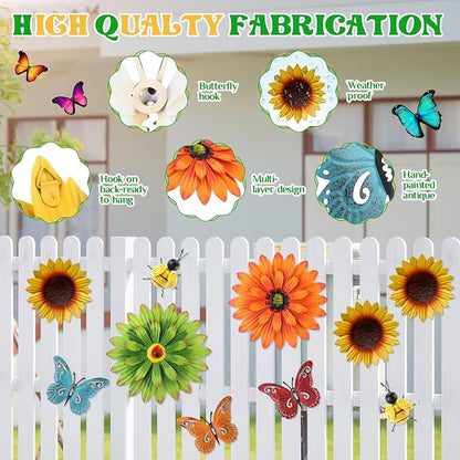 Therwen 10 Pcs Metal Wall Art Decor for Outside 3D Metal Sunflower Bee Butterfly Backyard Decorations Hanging Outdoor Wall Art Multicolored Flowers for Garden Fence Patio Yard Outdoor Porch