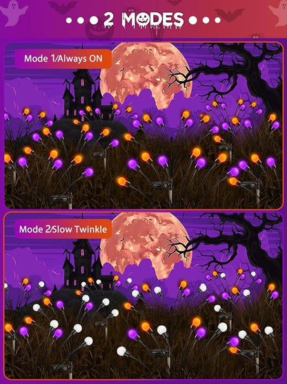 Halloween Decororations Outdoor Solar Firefly Lights 6 Pack Orange Purple | 2 Lighting Modes, Auto On/Off, 48 LED Sway with Wind, Waterproof Halloween Cpreepy Decor for Outside Graveyard Garden Pathway