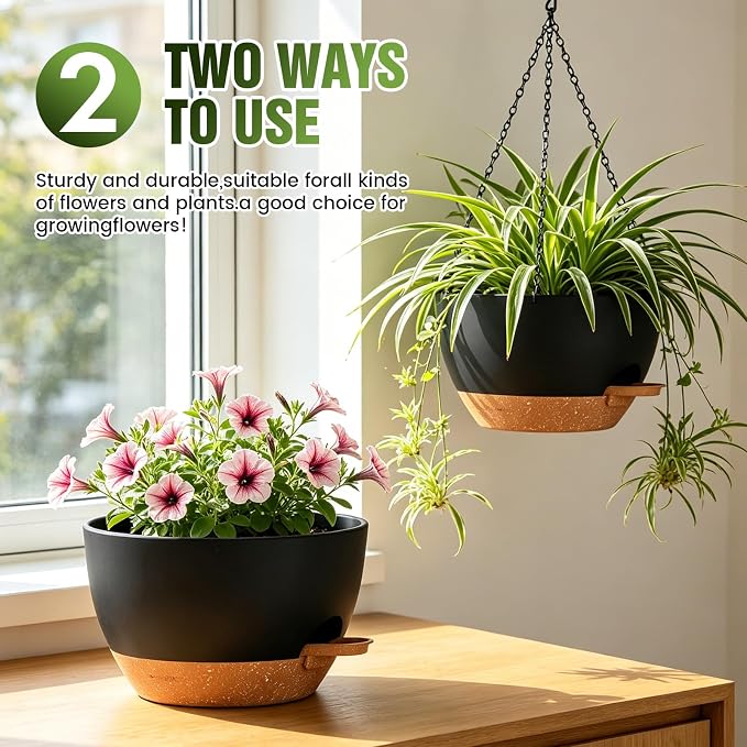 10 Inch Self-Watering Hanging Planters Set of 3 with Saucers | Set of 3 10-inch self-watering hanging planters with extra growing space, side-fill ports, chain hangers & snap-on saucers