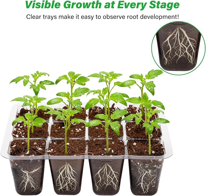 Bonviee 12 Packs Seed Starter Tray with Drainage Holes, Reusable & Durable, Clear for Root Monitoring, Easy to Repotted Without Root Damage, 12 Cells per Tray