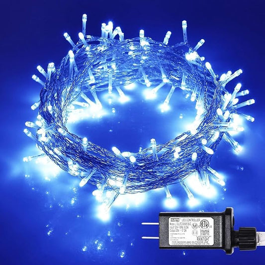 300 LED Blue Outdoor Indoor String Lights, Safety Plug in 8 Modes 108Ft Twinkle Lights,Christmas Tree Wire Fairy Lights for Bedroom, Party Decor(300Led-Blue)