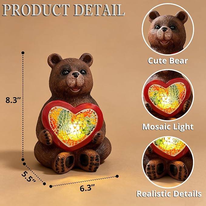 Solar Bear Garden Statues Decor for Outdoor, Brown Bear Figurine Lights for Lawn Patio Yard Decoration - Unique Christmas Housewarming Gift for Grandma Wowen Mom
