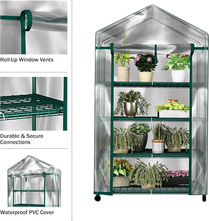 4 Tier Mini Greenhouse - Portable Greenhouse with Locking Wheels and PVC Cover for Indoor or Outdoor Green House by Pure Garden