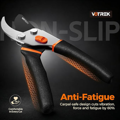 VOTREK® Pruning Shears, 8.5” Professional Garden Pruner with Jam-Proof Spring & Ever-Sharp SK5 Blade, Ergonomic Bypass Clippers for Rose, Tree Trimming, Heavy Duty Bonsai Scissor for Weak Hand
