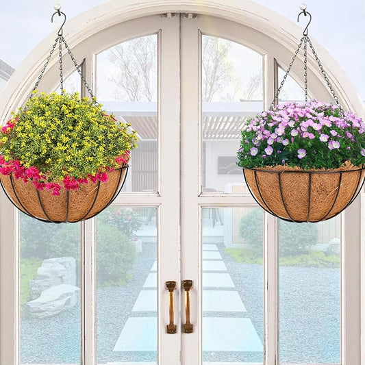 HKZ Hanging Basket Planter Plants Outdoor - 4 Pack 12 Inch Metal Hanging Planter with Coco Liners, Chain Hook Hanging Flower Pots for Indoor Outdoor Garden Porch Decoration
