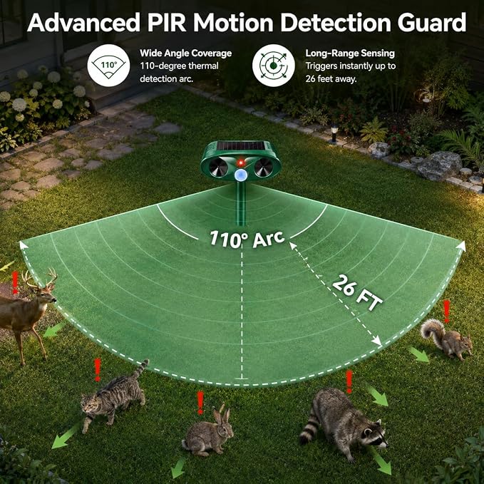 2 Pack Ultrasonic Deer Repellent Devices,Cat Deterrent Outdoor Solar Animal Repeller for Squirrel Racoon Rabbit Fox Skunk,USB Charging Waterproof Motion Sensor Sonic Fortress Pro Deterrent for Garden