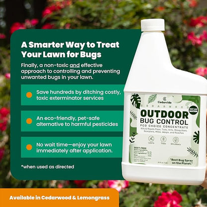 Cedarcide Outdoor Bug Control Concentrate | Kills & Repels Mosquitoes, Fleas, Mites & More with Natural Essential Oils | Family & Pet-Safe | PCO Choice | Quart with Sprayer Included