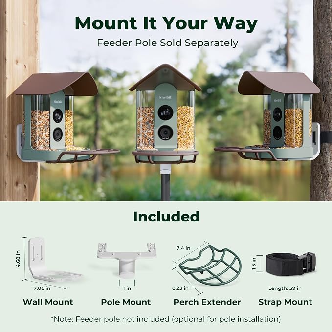 Kiwibit Smart Bird Feeder with 4K AI Camera Solar Powered, No Subscription | Lifetime AI Identification Bird Species, 4K Live Stream, 8MP Photos, Real-Time Bird Visit Alert, Backyard Birdwatching Gift