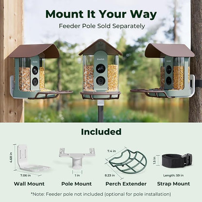 Kiwibit Smart Bird Feeder with 4K AI Camera Solar Powered, No Subscription | Lifetime AI Identification Bird Species, 4K Live Stream, 8MP Photos, Real-Time Bird Visit Alert, Backyard Birdwatching Gift