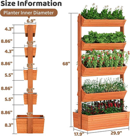 Wooden Raised Garden Bed Vertical Planter Box, Freestanding Plant Stand for Indoor Outdoor Plants, Herbs, Flowers, Vegetables, Gardening (Reddish Brown, 5-Tier，29.9 x 17.9 x 68in)