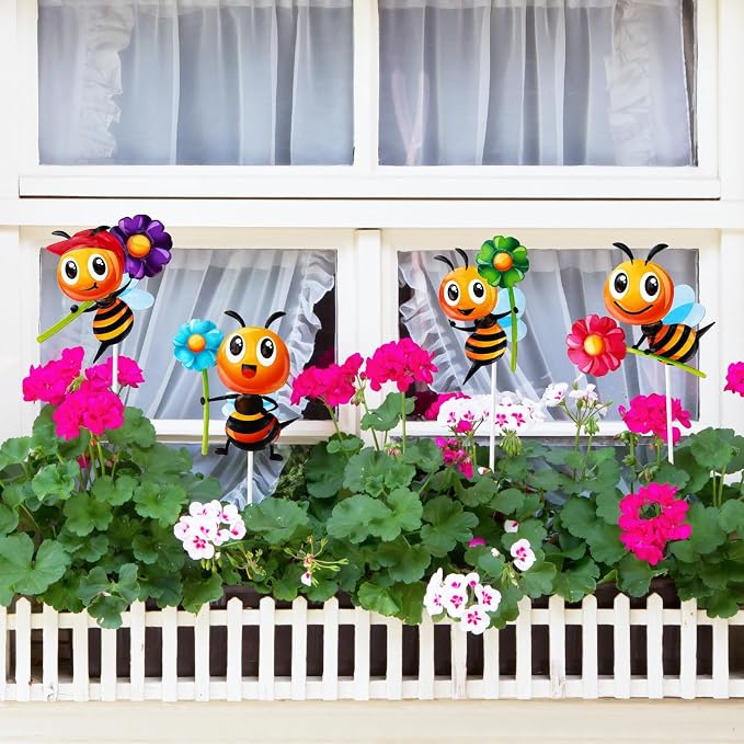 4 PCS Metal Bee Garden Stakes Decorative, ULENDIS Colorful 12.2 Inches Outdoor Bee Garden Decor stakes, Vivid Bee Yard Art Ornaments for Lawn Porch Pathway Patio Plant Pot Flower Bed