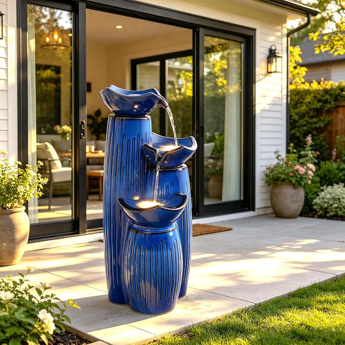 Autodaya 30"H Ceramic Water Fountain Outdoor, 3-Tier Geometric Lotus Design | Patio Fountain with Fluted Texture, Relaxing Cascading Waterfalls, Modern Water Feature for Garden Lawn Porch Yard Art Decor