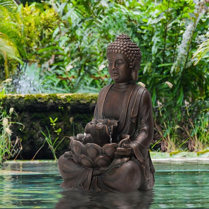 Glitzhome Zen Style Meditating Buddha Statue Fountain Polyresin Outdoor Decoration with Pump and LED Light, 23.25" H