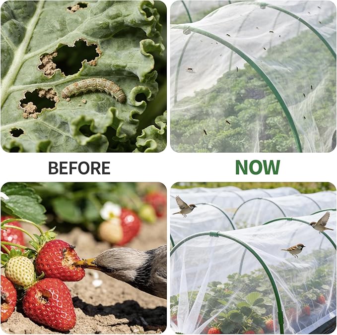 Garden Netting Kit for Raised Bed, 8X20FT Ultra Fine Mesh Netting with 5 Sets Garden Hoops & 15pcs Clips, Reusable Bird Netting for Garden Protection