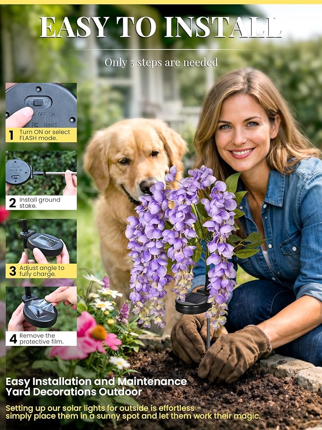 GIGALUMI Solar Lights Outdoor for Garden Decor, 6 Pack Solar Flower Lights Waterproof, 2 Lighting Modes Wisteria for Pathway,Yard, Patio Decoration, Gardening Gifts for Women (Multi-Colored)