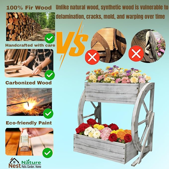 NestNature Wooden Wagon Planter Box|Rustic Planter Use On Indoor&Outdoor | 2-Tier Medium Solid Wood Planter-Flower Pot Use On Patio,Porch,Garden-Raised Garden Bed For Succulents, Herbs, Vegetables