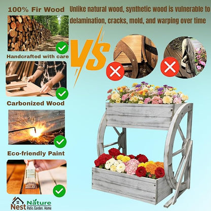 NestNature Wooden Wagon Planter Box|Rustic Planter Use On Indoor&Outdoor | 2-Tier Medium Solid Wood Planter-Flower Pot Use On Patio,Porch,Garden-Raised Garden Bed For Succulents, Herbs, Vegetables