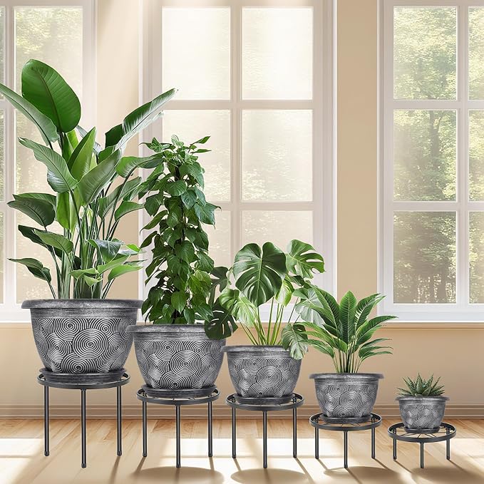 8-Inch-Plastic -Pots-for -Plant with Saucer, 4 Pack Outdoor Planters with Drainage Holes, Decorative Flower Pots for Indoor Plants, Modern 3D Swirl Silver Plant Pots with with Removable Tray