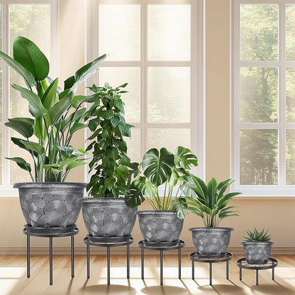 8-Inch-Plastic -Pots-for -Plant with Saucer, 4 Pack Outdoor Planters with Drainage Holes, Decorative Flower Pots for Indoor Plants, Modern 3D Swirl Silver Plant Pots with with Removable Tray