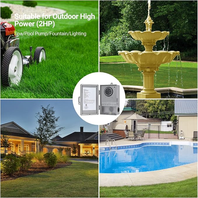 DEWENWILS Pool Pump Timer, Mechanical Timer Box Outdoor, Heavy Duty 2HP 40A 120-277 VAC, 24-Hour Programmable ON/Off Timeable Switch for Water Heater, Pool Pump, ETL Listed | 24-Hour Programmable ON/Off Timeable Switch, Heavy Duty, Works for Water Heat...