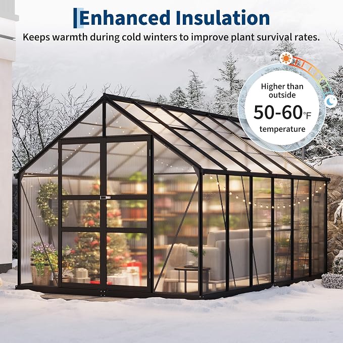 8x12 FT Polycarbonate Greenhouse,Large Walk-in SturdyOutdoor Aluminum Frame Greenhouse with Roof Vent, Lockable Push Door,for Garden, Backyard, Patio & Lawn(Black)