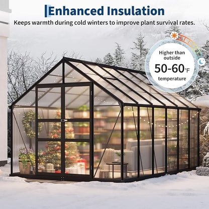 8x12 FT Polycarbonate Greenhouse,Large Walk-in SturdyOutdoor Aluminum Frame Greenhouse with Roof Vent, Lockable Push Door,for Garden, Backyard, Patio & Lawn(Black)