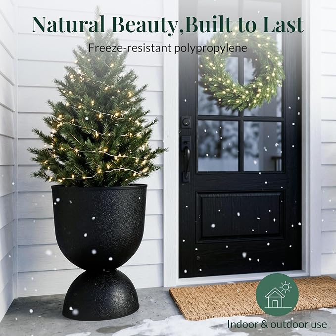 KOL Planters Flower Pots, Large Plastic Urn Planters for Indoor Outdoor Plants, Black Pedestal Planter 2 Pack, 18 Inch+23 Inch, Tall Decorative Planters with Drainage Holes & Plugs for Porch Garden