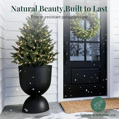 KOL Planters Flower Pots, Large Plastic Urn Planters for Indoor Outdoor Plants, Black Pedestal Planter 2 Pack, 18 Inch+23 Inch, Tall Decorative Planters with Drainage Holes & Plugs for Porch Garden