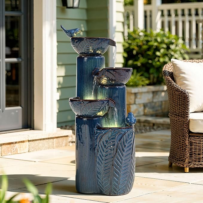 33" H Ceramic Outdoor Water Fountain with LED Lights, 4-Tier Bowl Water Feature with Birds, Teal Blue Glaze, Embossed Leaf Pattern, Cascading Waterfall for Tranquil Garden, Patio, or Porch
