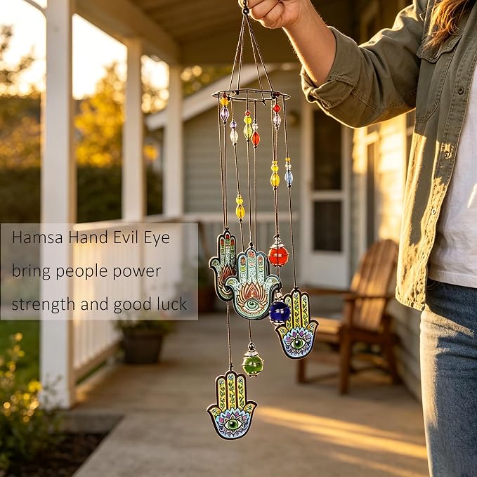 YU FENG 15 Inch Evil Eye Hamsa Wind Chimes, Outdoor Hanging Decor | Chakra Glass Beaded Design, Metal Windchime Ornament, Garden Patio Window Decoration, Spiritual Home Accent