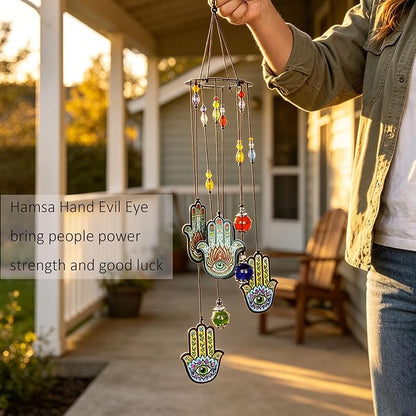 YU FENG 15 Inch Evil Eye Hamsa Wind Chimes, Outdoor Hanging Decor | Chakra Glass Beaded Design, Metal Windchime Ornament, Garden Patio Window Decoration, Spiritual Home Accent