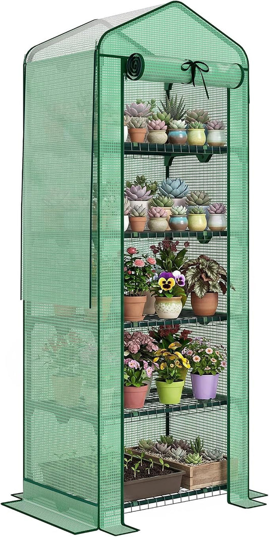 Outsunny 5 Tier Mini Greenhouse with Screen Roof, 27.6" x 19.7" x 75.6", Portable Small Greenhouse with High Strength PE Cover, Roll-Up Zipper Door for Garden Yard Backyard, Green