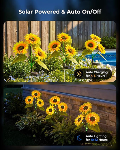 Brightown 3 Pack 3 Head Solar Sunflower Garden Stake Lights Waterproof | 9 glowing stem sunflowers, waterproof solar powered, auto on off decorative stakes for yard, patio, lawn outdoor decoration
